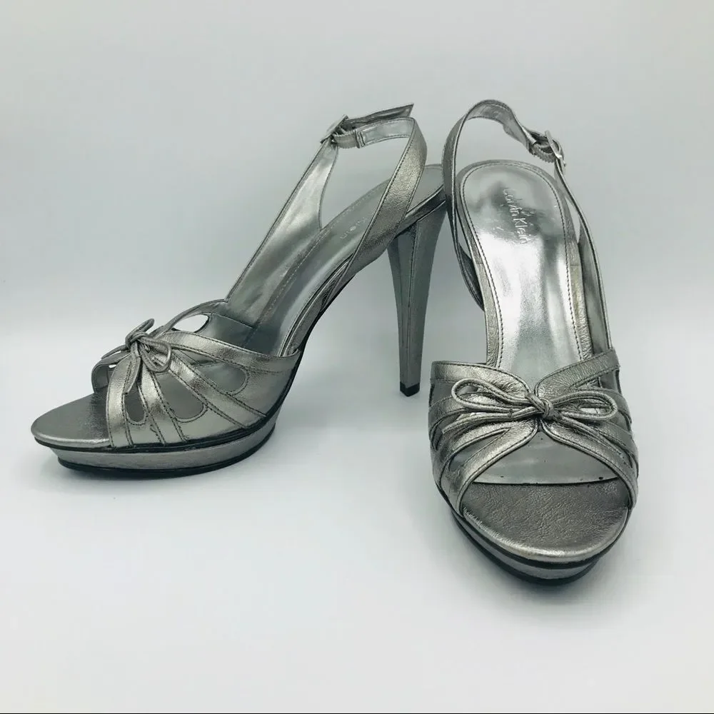 NEW CALVIN KLEIN SILVER LEATHER SLINGBACKS - Picture 4 of 10